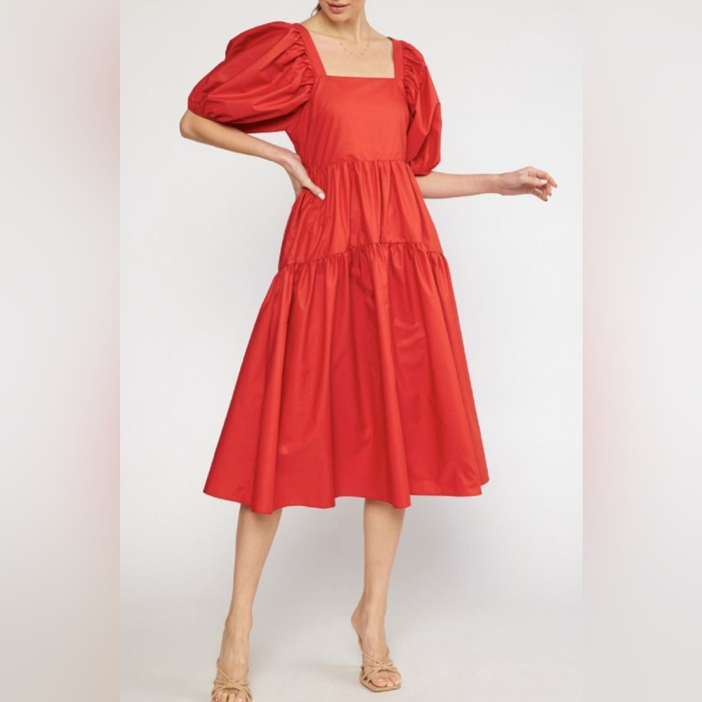 Entro Women’s Puff Sleeve Tiered Skirt Midi Dress Red Size Large - Picture 1 of 5